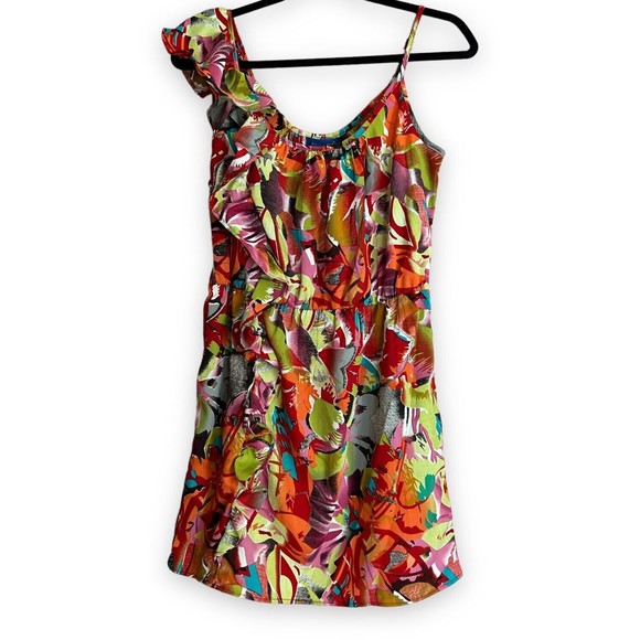 Envy Me Tropical Dress Ruffled on One Shoulder Sleeveless Size L Large Floral - Picture 2 of 12